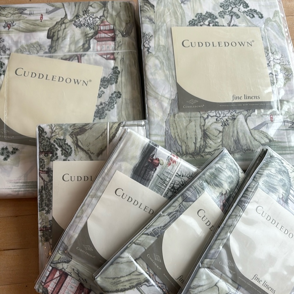 Queen sheet set. Cuddledown brand. Pretty green and ivory